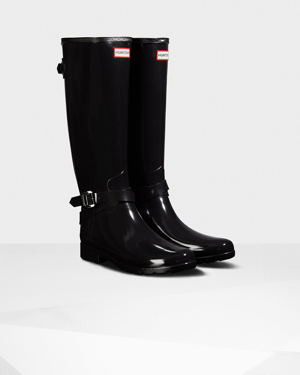 Womens Tall Rain Boots - Hunter Refined Adjustable Gloss (67WRKPAUI) - Black